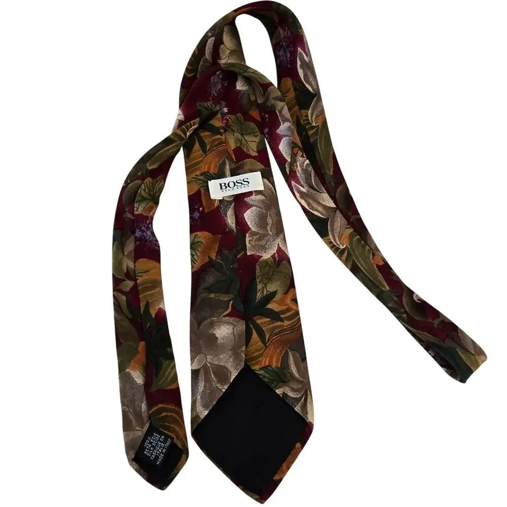 Vintage Hugo Boss 100% Silk Floral Botanical Necktie Fall Colors Made in Italy